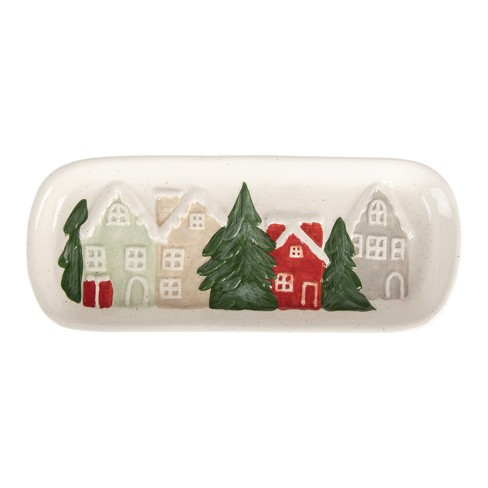 Clayre & Eef   | Serveerschaal Wit Groen 30x12x3 cm | 6CE2223