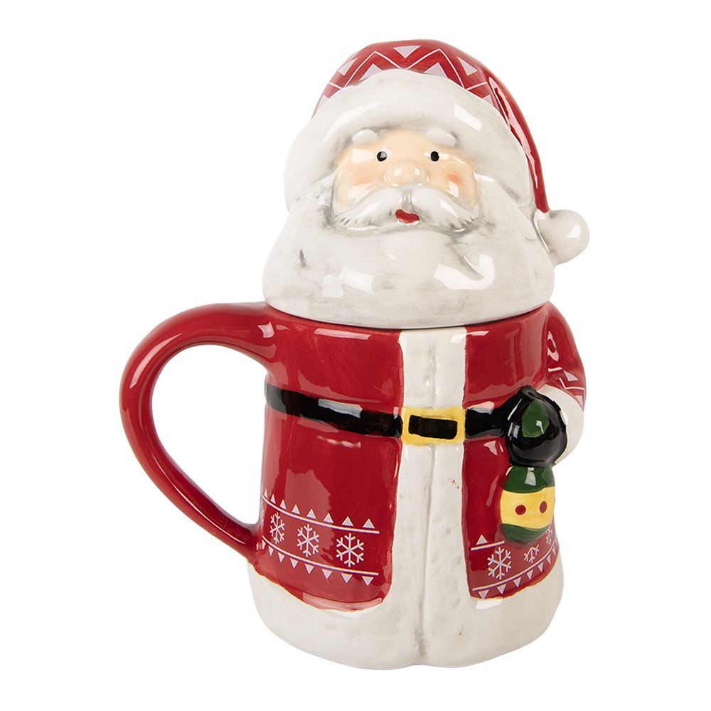 Clayre & Eef   | Mok met deksel Rood Wit 15x10x19 cm / 450 ml | 6CEMU0196