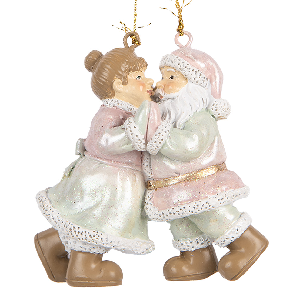 Clayre & Eef   | Decoratie hanger kerstman met kerstvrouw Roze Groen 7x4x8 cm | 6PR5656