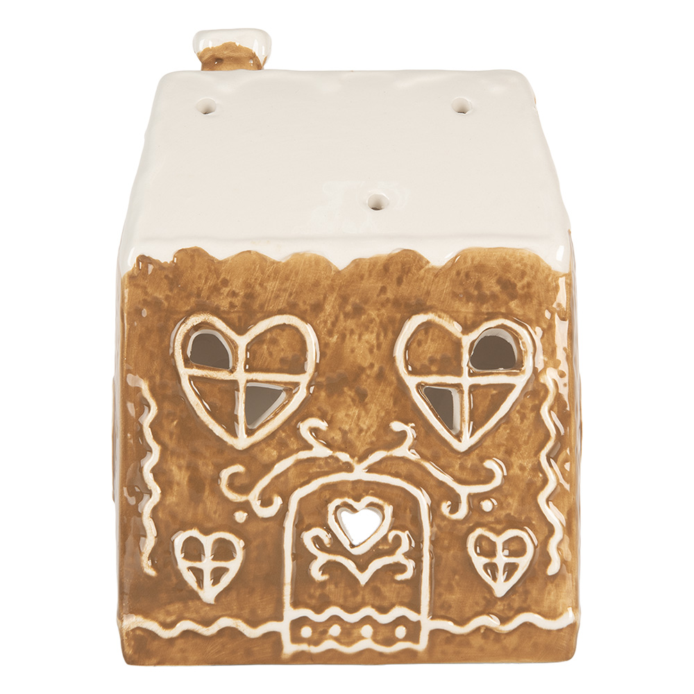 Clayre & Eef   | Theelichthouder Kerst Huisje Bruin Wit 12x7x16 cm | 6CE2323