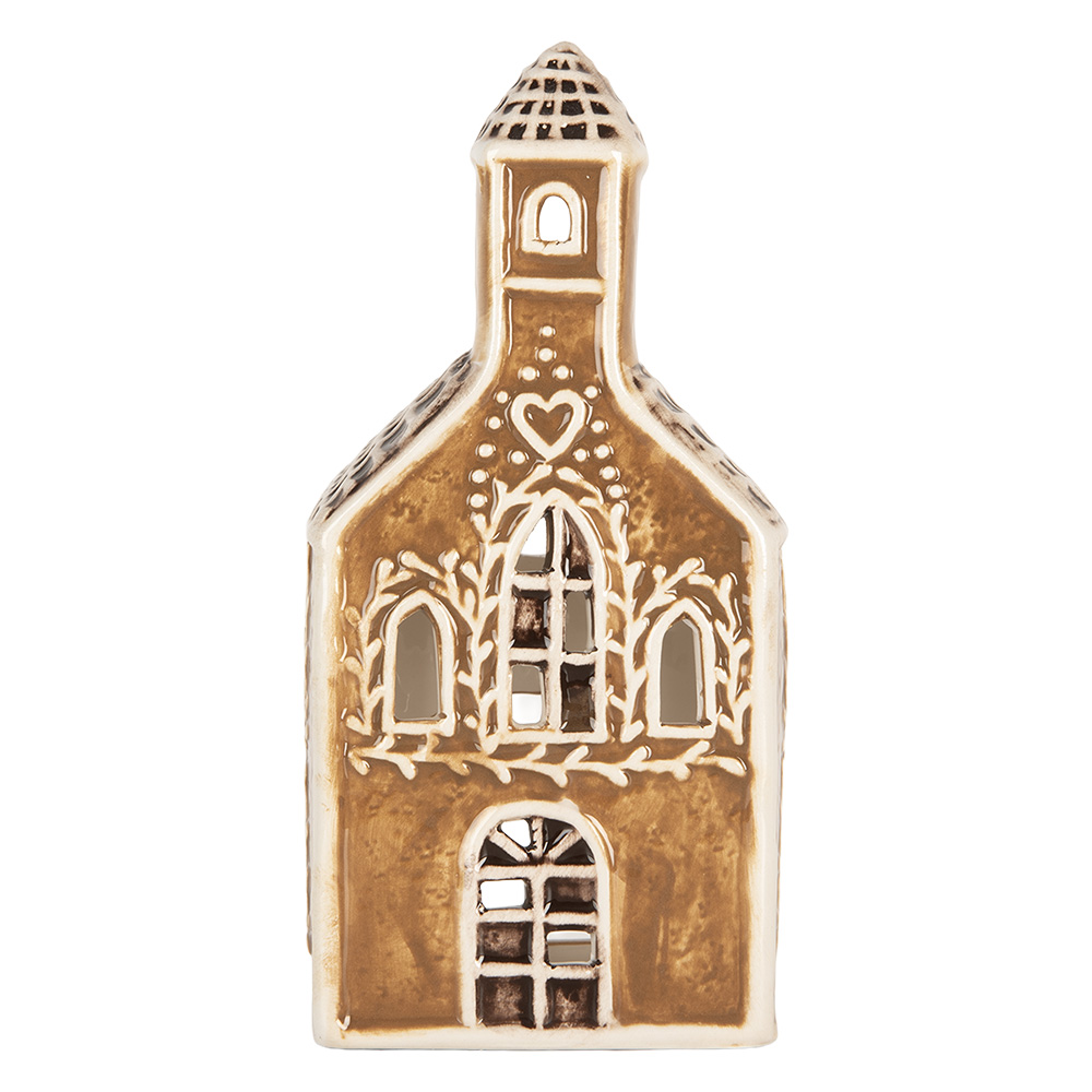 Clayre & Eef   | Theelichthouder Kerst Huisje Bruin Wit 8x7x17 cm | 6CE2326
