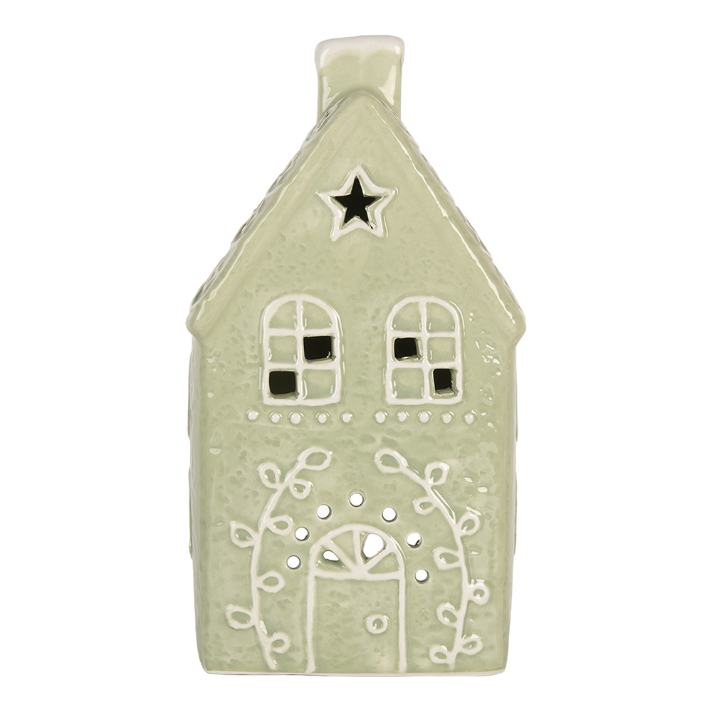 Clayre & Eef   | Theelichthouder Kerst Huisje Groen Wit 11x9x21 cm | 6CE2328