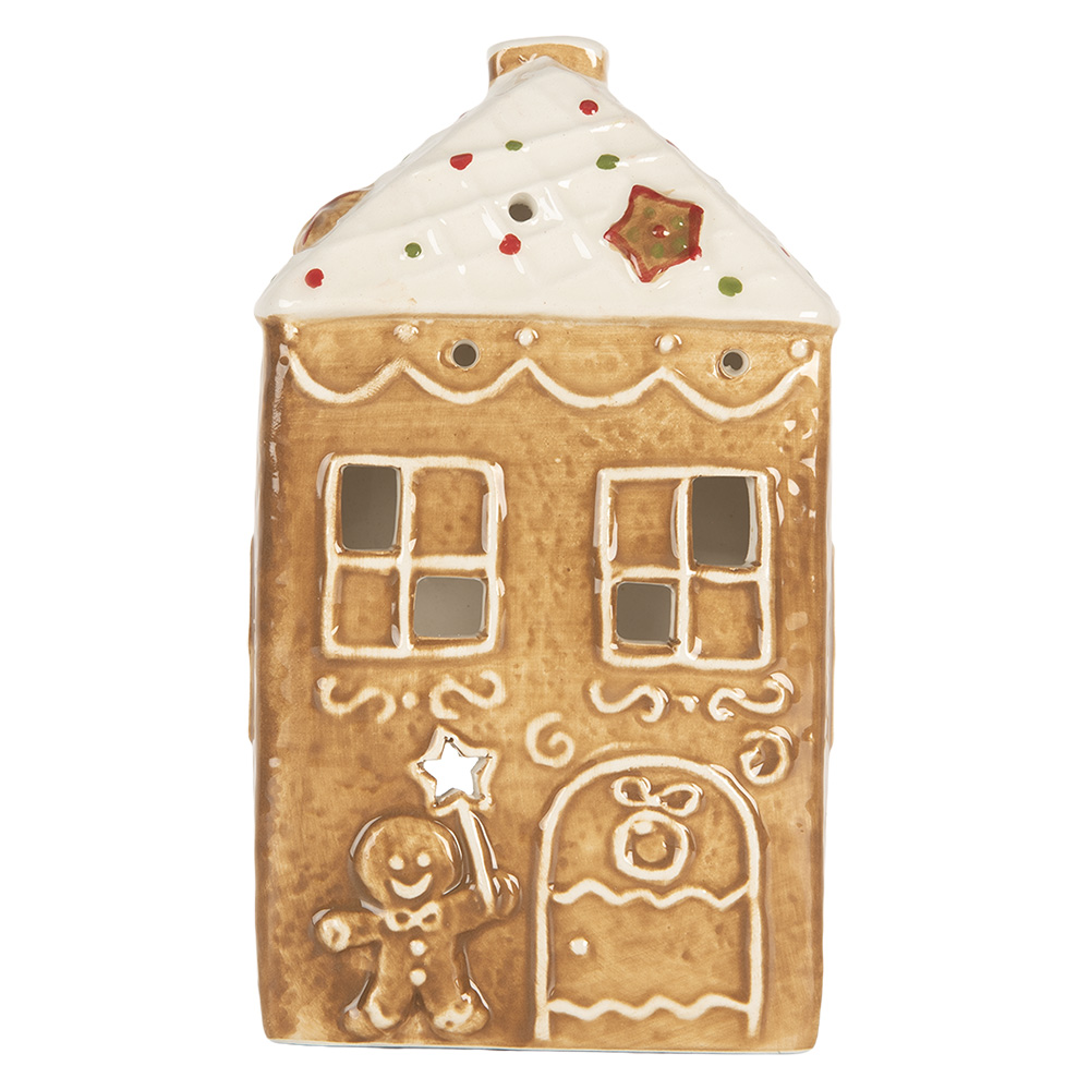 Clayre & Eef   | Theelichthouder Kerst Huisje Bruin Wit 9x7x16 cm | 6CE2334