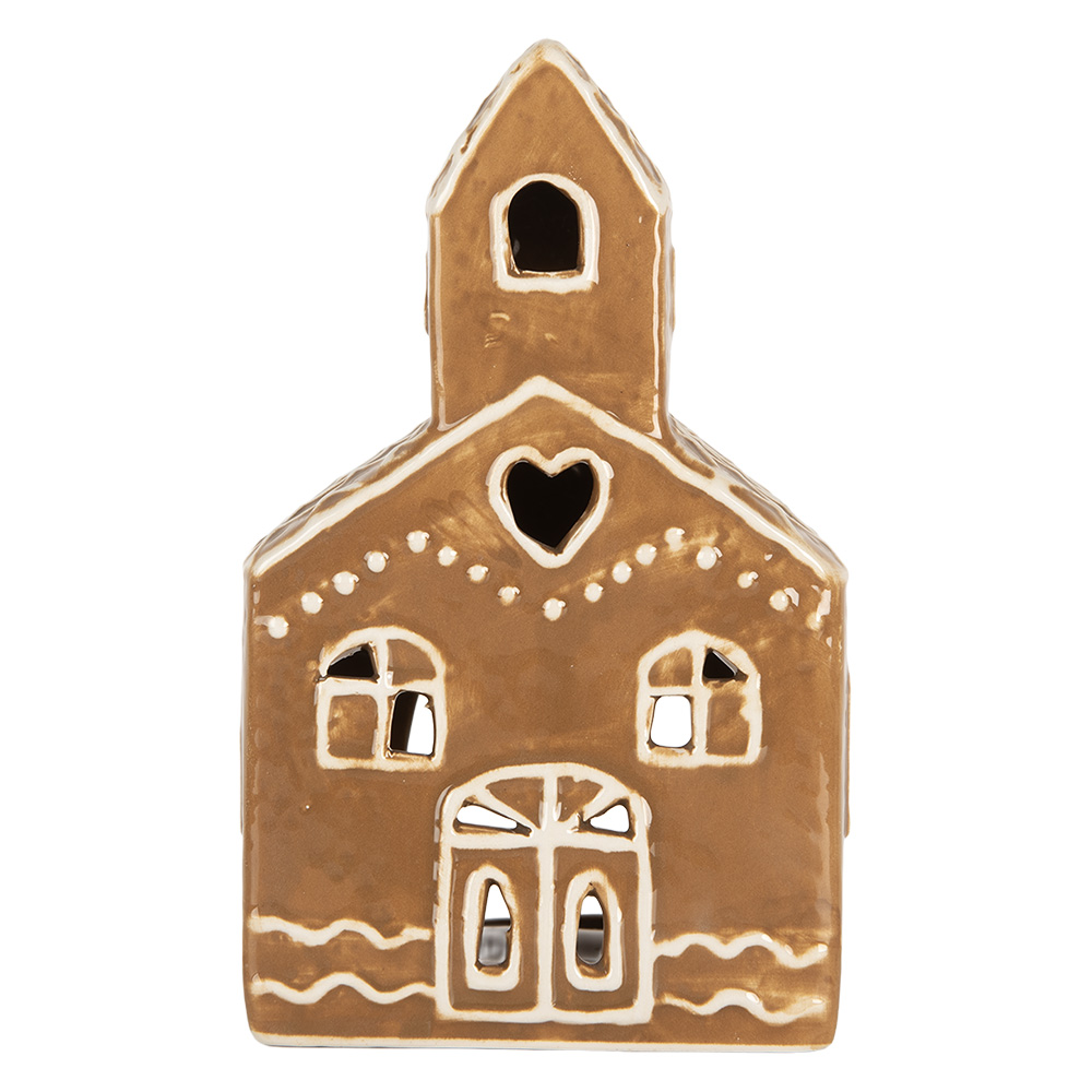 Clayre & Eef   | Theelichthouder Kerst Huisje Bruin Wit 10x10x16 cm | 6CE2335