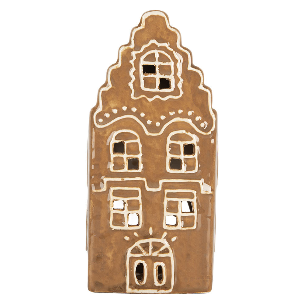 Clayre & Eef   | Theelichthouder Kerst Huisje Bruin Wit 8x7x16 cm | 6CE2341