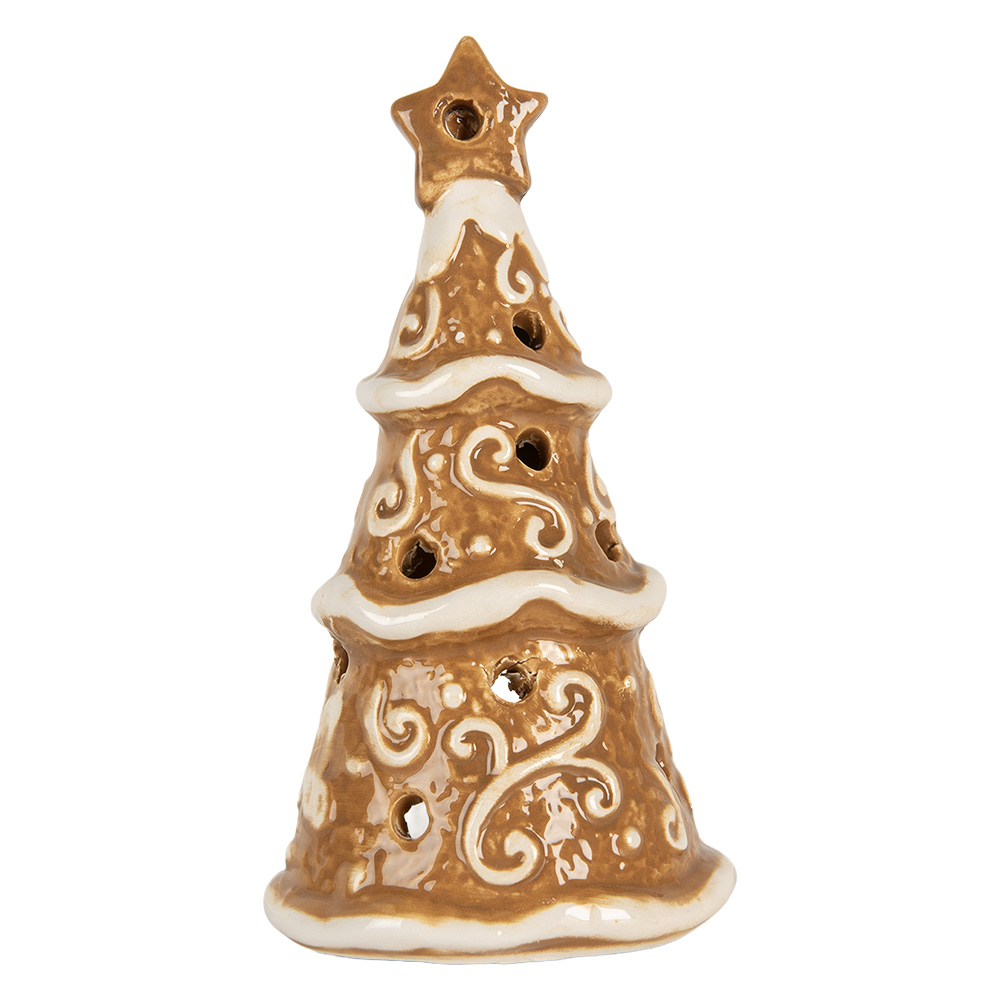 Clayre & Eef   | Theelichthouder Kerstboom Bruin Wit ø 8x15 cm | 6CE2361