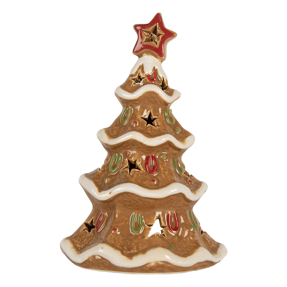 Clayre & Eef   | Theelichthouder Kerstboom Bruin Wit 11x8x17 cm | 6CE2362