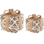 Dekoratief | Set 2 cadeautjes, goud/glitter, rotan, LED, 20x20x25cm | A225046 Dekoratief | Set 2 cadeautjes, goud/glitter, rotan, LED, 20x20x25cm | A225046