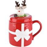 Dekoratief | Mok m/deksel rudolf, rood/wit, keramiek, 13x9x16cm | A225680 Dekoratief | Mok m/deksel rudolf, rood/wit, keramiek, 13x9x16cm | A225680