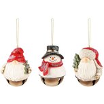 Dekoratief | Hanger bel sneeuwman/santagnoom, resina/metaal, 8x7x11cm, set van 3 stuks | A235883 Dekoratief | Hanger bel sneeuwman/santagnoom, resina/metaal, 8x7x11cm, set van 3 stuks | A235883