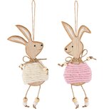 Dekoratief | Hanger bunny, naturel/roze/wit, hout, 25x6x1cm, set van 2 stuks | A250481 Dekoratief | Hanger bunny, naturel/roze/wit, hout, 25x6x1cm, set van 2 stuks | A250481
