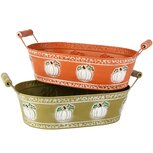 Dekoratief | Bakje ovaal m/pompoenen, groen/oranje, metaal, 28x17x8cm, set van 2 stuks | A255950 Dekoratief | Bakje ovaal m/pompoenen, groen/oranje, metaal, 28x17x8cm, set van 2 stuks | A255950