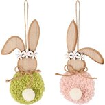 Dekoratief | Hanger bunny, naturel/roze/groen, hout, 14x7x1cm, set van 2 stuks | A250483 Dekoratief | Hanger bunny, naturel/roze/groen, hout, 14x7x1cm, set van 2 stuks | A250483